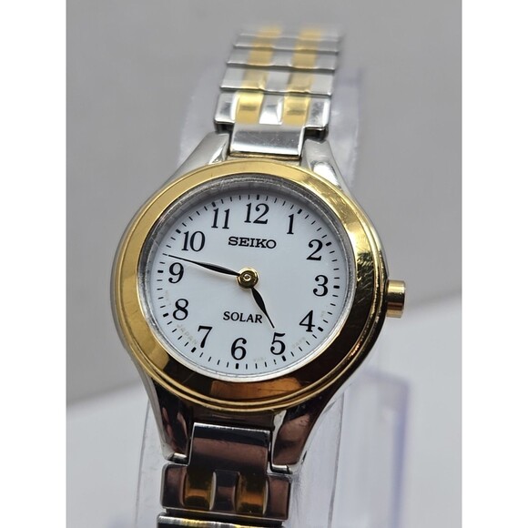 Seiko Solar Watch Womens 22mm Gold Silver Two Tone Dainty Petite V115-0AG0 Runs - Picture 4 of 12